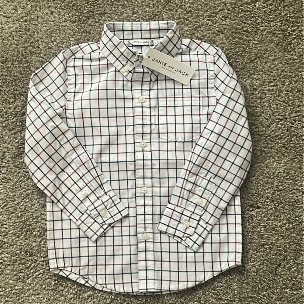 Janie and Jack White Button-Down Shirt with Navy and Red Windowpane Plaid